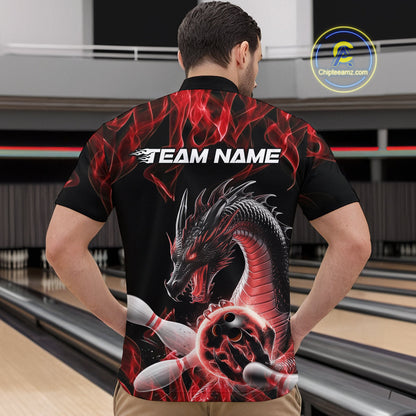 Custom Black And Red Fire Flame Dragon Bowling Quarter-Zip Shirt For Men, Dragon Bowling Jersey IPHW9821