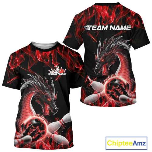Custom Black And Red Fire Flame Dragon Bowling T-Shirts For Men, Dragon Bowling Jersey IPHW9821