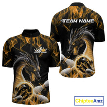 Load image into Gallery viewer, Custom Black And Gold Fire Flame Dragon Bowling Quarter-Zip Shirt For Men, Dragon Bowling Jersey IPHW9824