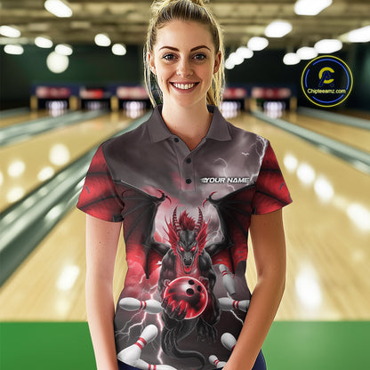 Custom Red Thunder Lightning Dragon Bowling Polo Shirts For Women, Team Uniform IPHW9103