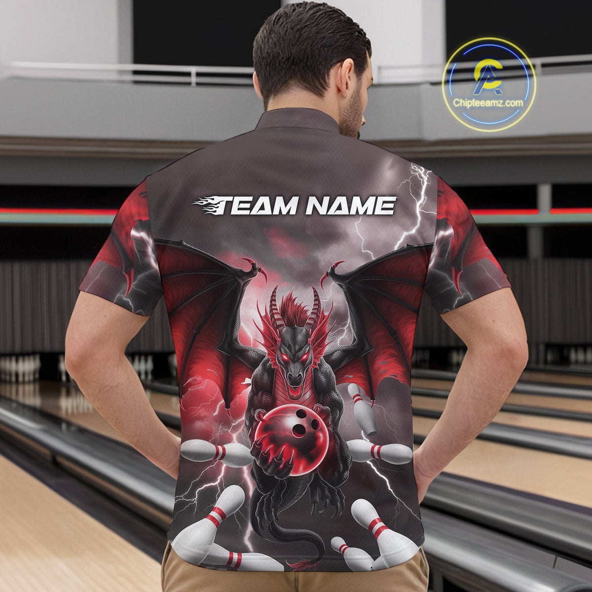 Custom Red Thunder Lightning Dragon Bowling Quarter-Zip Shirts For Men, Team Uniform IPHW9103