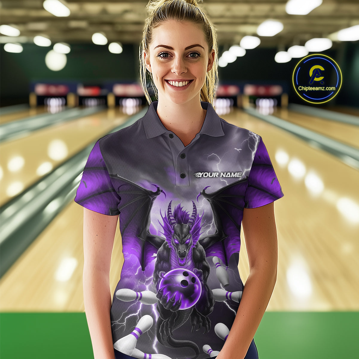 Custom Purple Thunder Lightning Dragon Bowling Polo Shirts For Women, Team Uniform IPHW9104