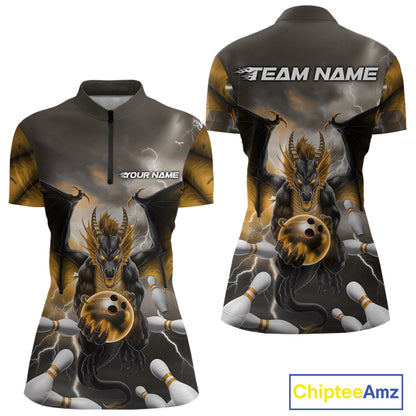 Custom Yellow Thunder Lightning Dragon Bowling Women Quarter-Zip Shirts, Team Uniform IPHW9105
