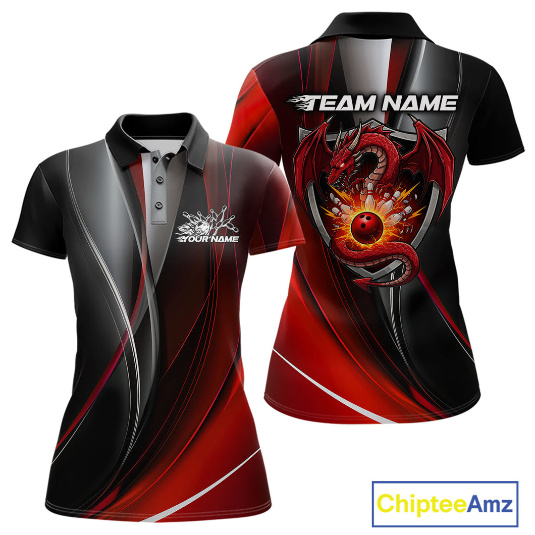 Custom Black And Red Dragon Bowling Polo Shirts For Women, Dragon Bowling Jersey IPHW9342