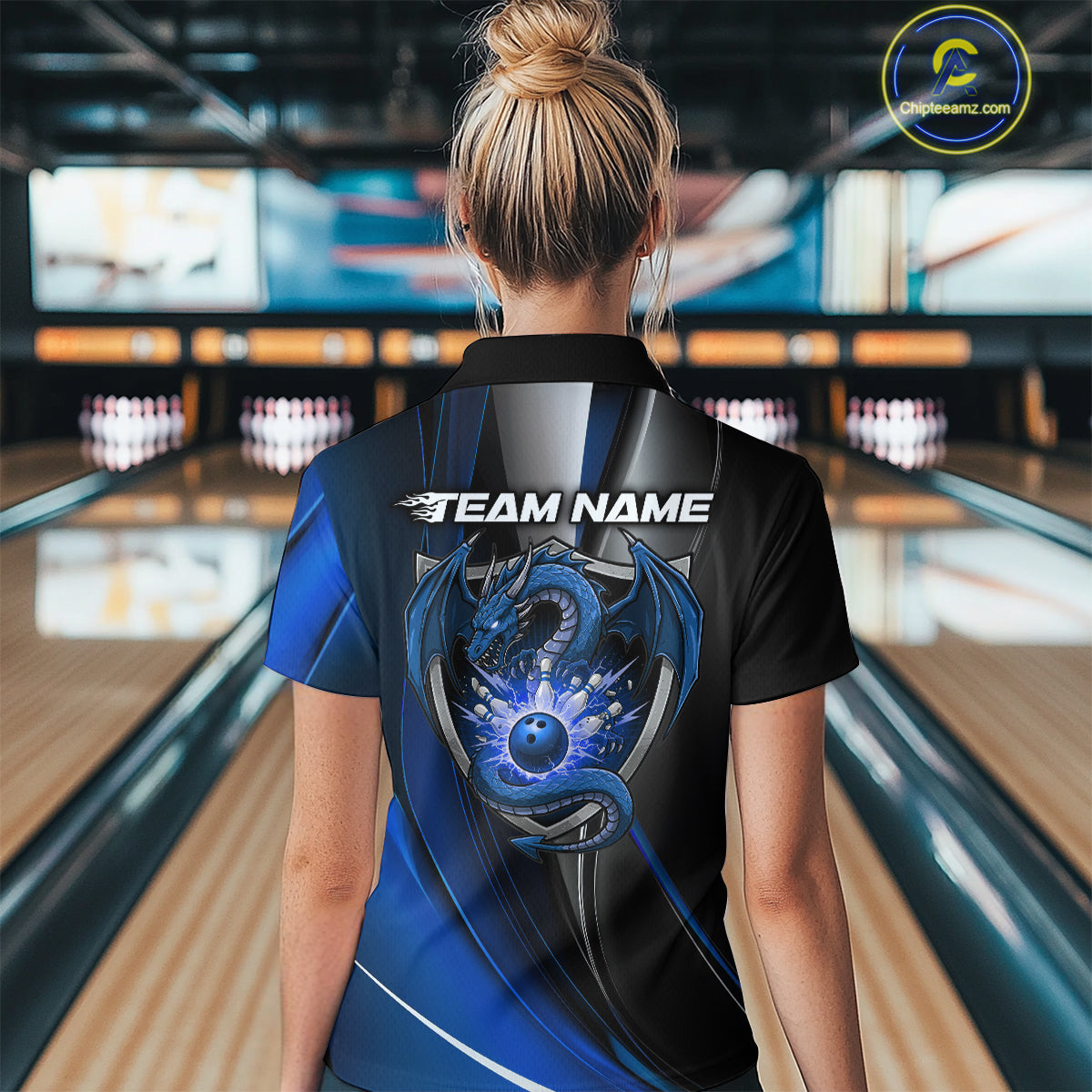 Custom Black And Blue Dragon Bowling Quarter-Zip Shirts For Women, Dragon Bowling Jersey IPHW9343