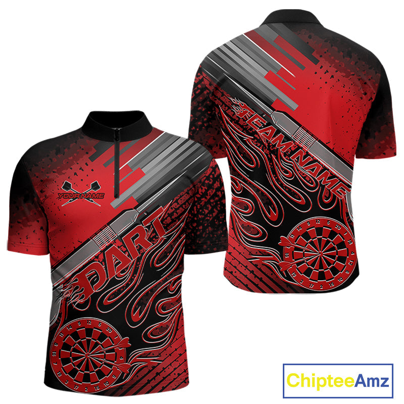 Custom Black And Red Flame Dartboard Dart Quarter-Zip Shirts For Men, Dart Team Uniform IPHW9684