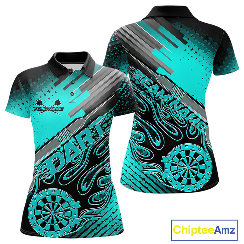Custom Black And Turquoise Blue Flame Dartboard Dart Polo Shirts For Women, Dart Uniform IPHW9685