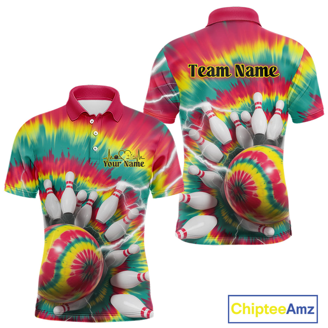 Custom Colorful Tie Dye Bowling Polo Shirts For Men, Rainbow Bowling Outfit IPHW9116