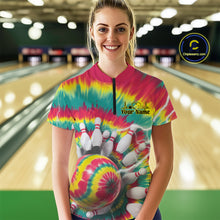 Load image into Gallery viewer, Custom Colorful Tie Dye Bowling Quarter-Zip Shirts For Women, Rainbow Bowling Outfit IPHW9116
