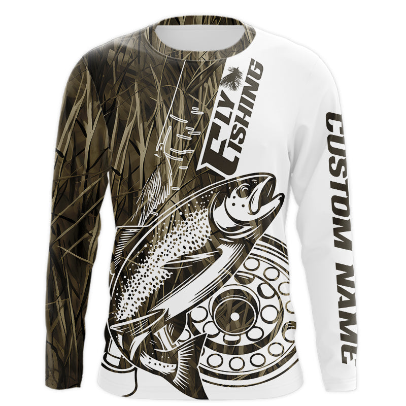 Custom Brown Grass Camo Trout Fly Fishing Long Sleeve Shirts, Fly Reel Fishing Shirt IPHW9118
