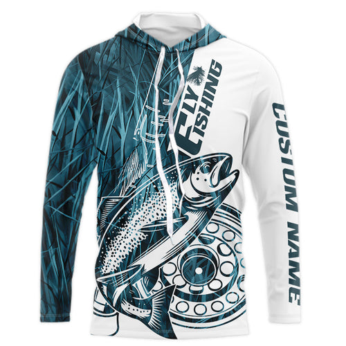 Custom Blue Grass Camo Trout Fly Fishing Long Sleeve Hooded Shirts, Fly Reel Fishing Shirt IPHW9119
