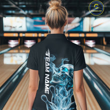 Load image into Gallery viewer, Custom Blue Flame Smoke Skull Bowling Polo Shirts For Women, Halloween Bowling Outfit IPHW9494