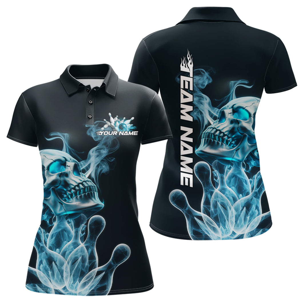 Custom Blue Flame Smoke Skull Bowling Polo Shirts For Women, Halloween Bowling Outfit IPHW9494