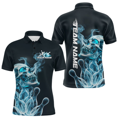 Custom Blue Flame Smoke Skull Bowling Polo Shirts For Men, Halloween Bowling Outfit IPHW9494