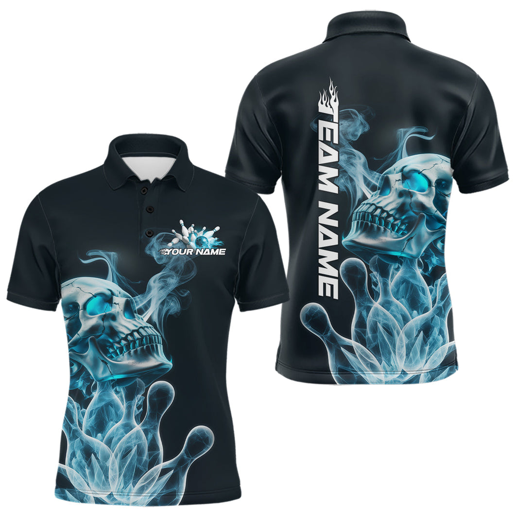Custom Blue Flame Smoke Skull Bowling Polo Shirts For Men, Halloween Bowling Outfit IPHW9494