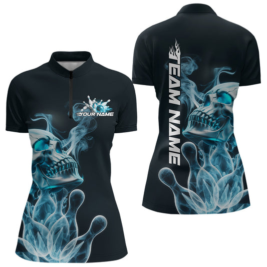 Custom Blue Flame Smoke Skull Bowling Women Quarter-Zip Shirt, Halloween Bowling Outfit IPHW9494