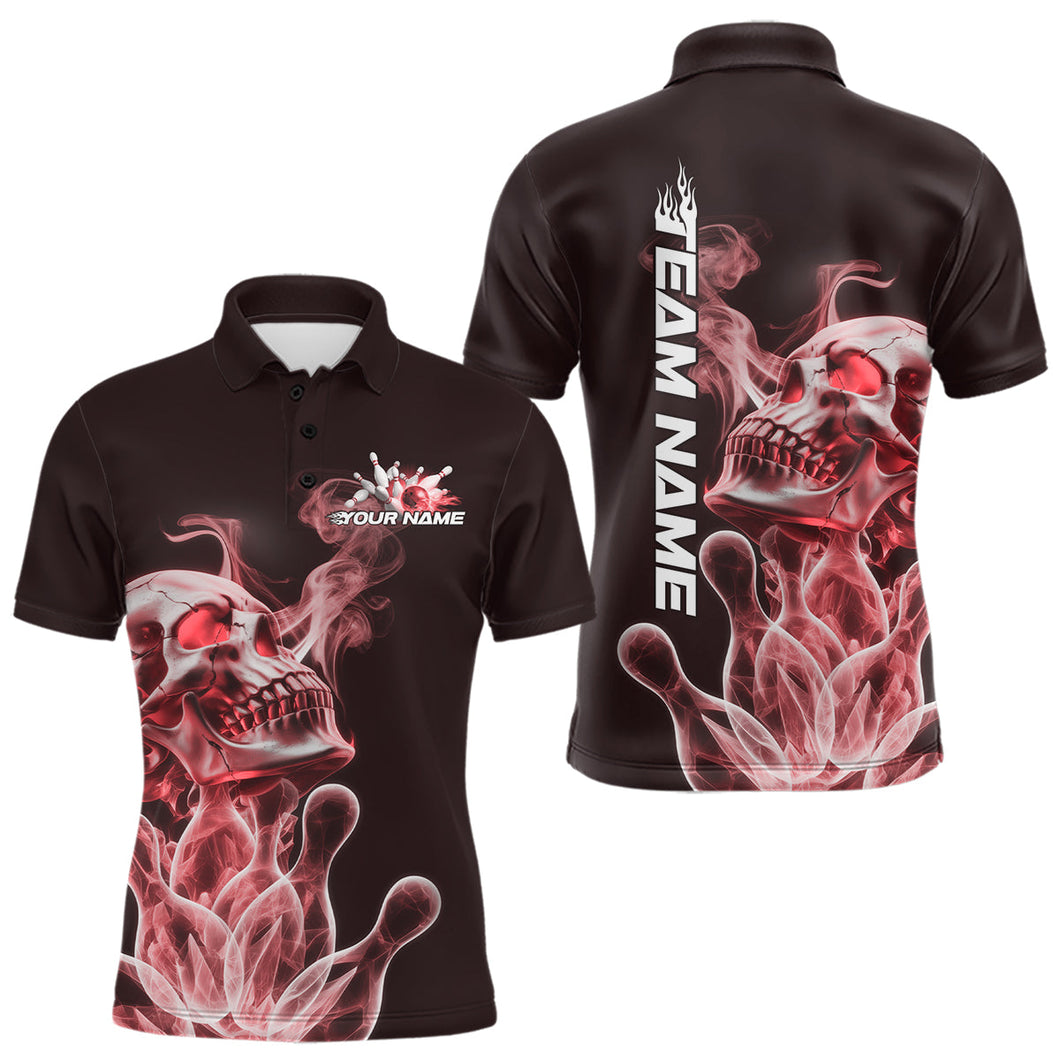 Custom Red Flame Smoke Skull Bowling Polo Shirts For Men, Halloween Bowling Outfit IPHW9495