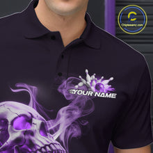 Load image into Gallery viewer, Custom Purple Flame Smoke Skull Bowling Polo Shirts For Men, Halloween Bowling Outfit IPHW9496
