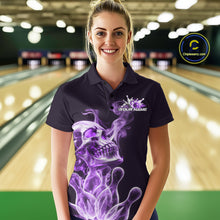 Load image into Gallery viewer, Custom Purple Flame Smoke Skull Bowling Polo Shirts For Women, Halloween Bowling Outfit IPHW9496