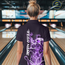 Load image into Gallery viewer, Custom Purple Flame Smoke Skull Bowling Polo Shirts For Women, Halloween Bowling Outfit IPHW9496