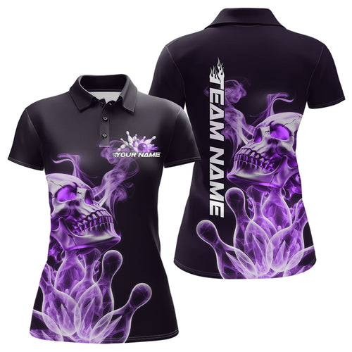 Custom Purple Flame Smoke Skull Bowling Polo Shirts For Women, Halloween Bowling Outfit IPHW9496