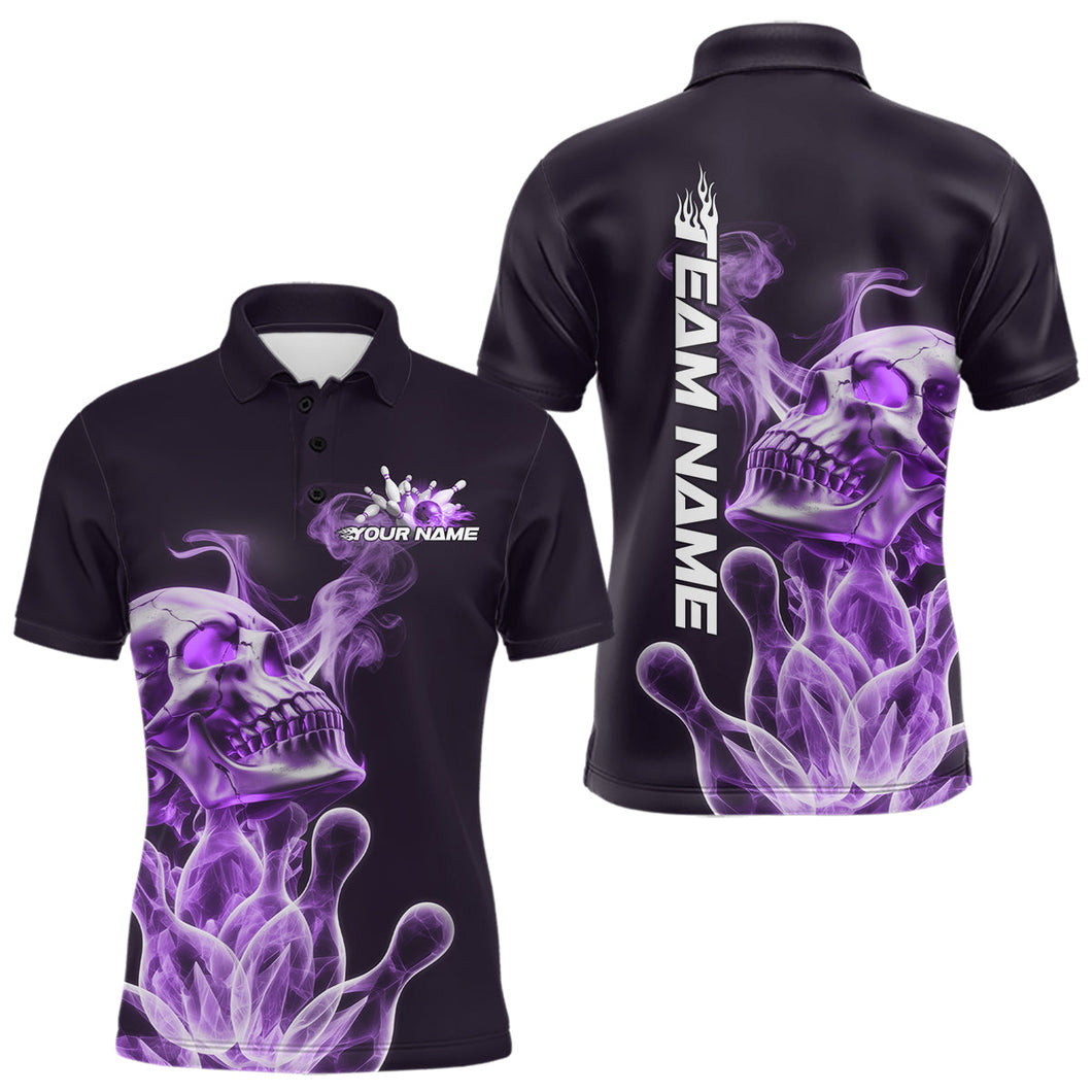 Custom Purple Flame Smoke Skull Bowling Polo Shirts For Men, Halloween Bowling Outfit IPHW9496
