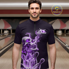 Load image into Gallery viewer, Custom Purple Flame Smoke Skull Bowling Quarter-Zip Shirts For Men, Halloween Bowling Outfit IPHW9496