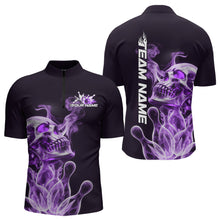 Load image into Gallery viewer, Custom Purple Flame Smoke Skull Bowling Quarter-Zip Shirts For Men, Halloween Bowling Outfit IPHW9496