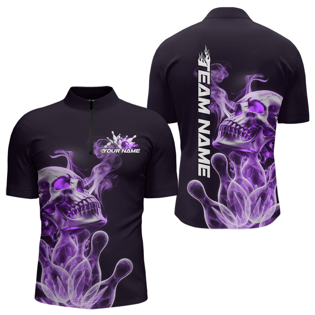 Custom Purple Flame Smoke Skull Bowling Quarter-Zip Shirts For Men, Halloween Bowling Outfit IPHW9496