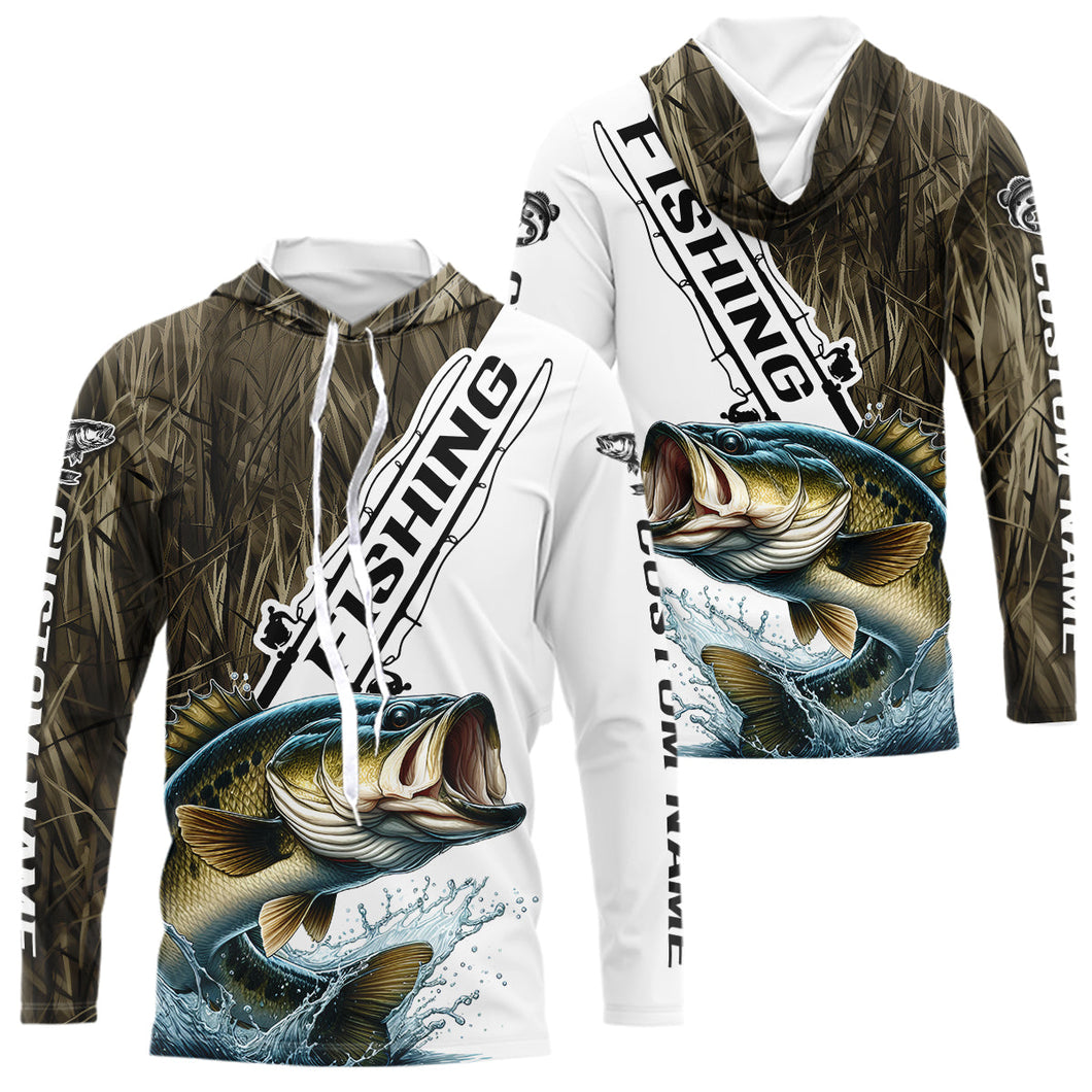 Custom Name Grass Camo Largemouth Bass Long Sleeve Hooded Tournament Fishing Shirt IPHW9136