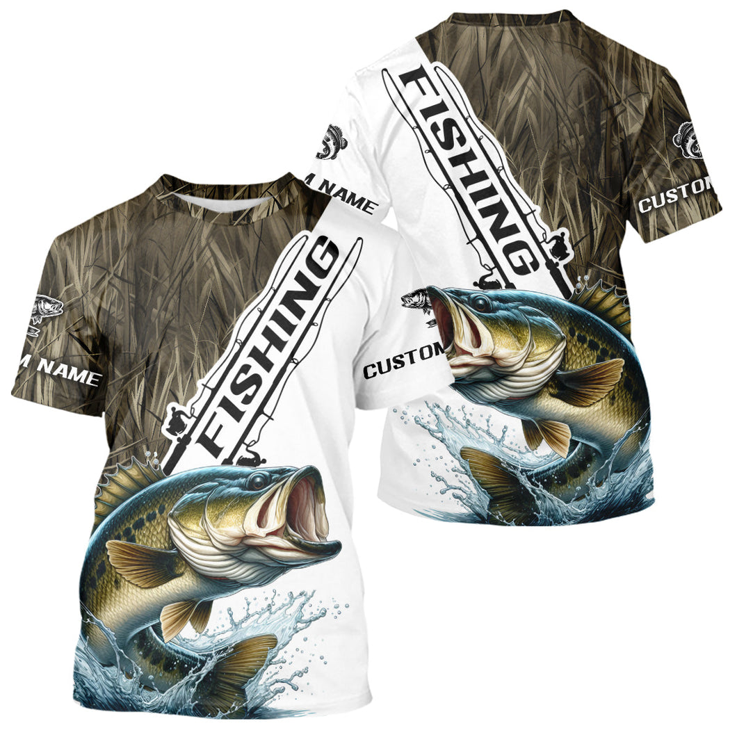 Custom Name Grass Camo Largemouth Bass Tournament Fishing T-Shirt IPHW9136