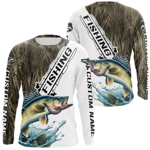 Custom Name Grass Camo Walleye Long Sleeve Tournament Fishing Shirt IPHW9137