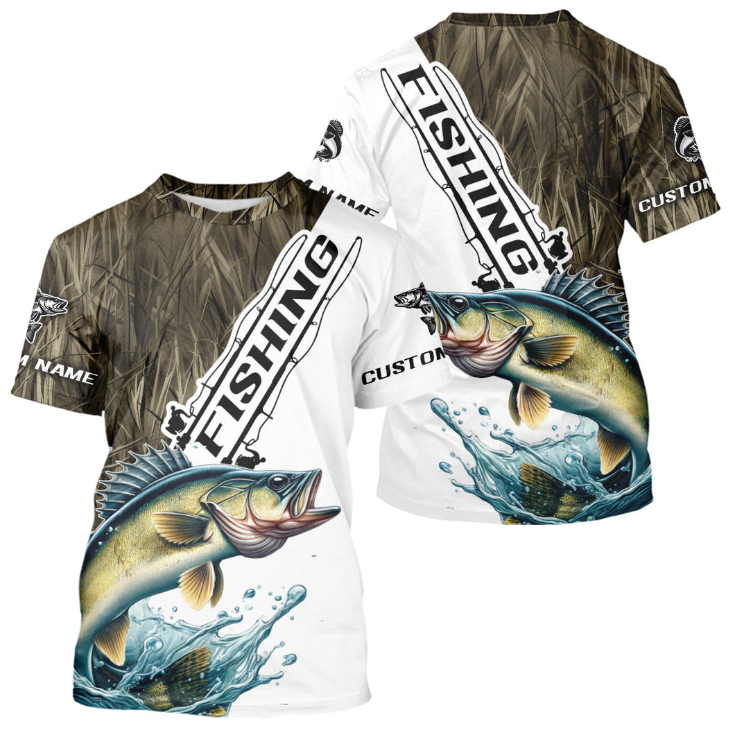 Custom Name Grass Camo Walleye Tournament Fishing T-Shirt IPHW9137