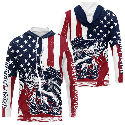 Custom Patriotic Largemouth Bass Long Sleeve Hooded Fishing Shirt, American Flag Jerseys IPHW9152