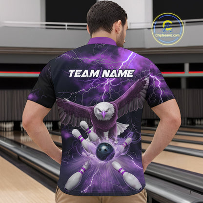 Custom Purple Thunder Lightning Eagle Bowling Quarter-Zip Shirts For Men, Eagle Bowling Jerseys IPHW9365