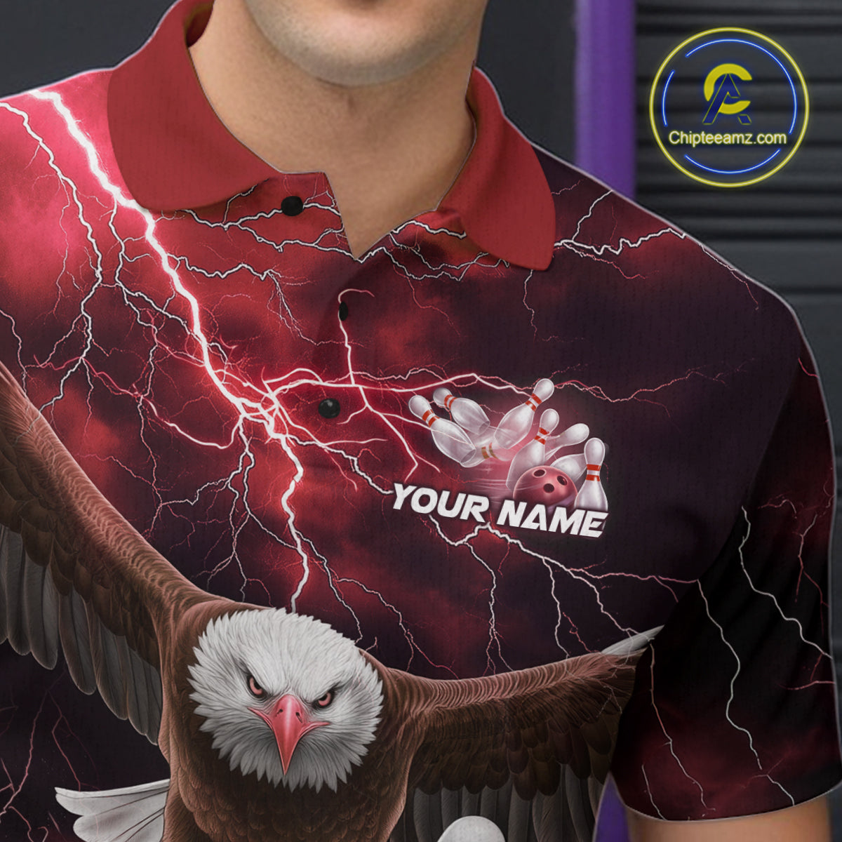 Custom Red Thunder Lightning Eagle Bowling Polo Shirts For Men, Eagle Bowling Jerseys IPHW9366