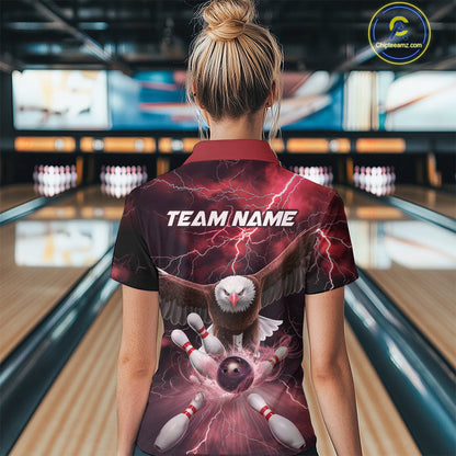 Custom Red Thunder Lightning Eagle Bowling Polo Shirts For Women, Eagle Bowling Jerseys IPHW9366