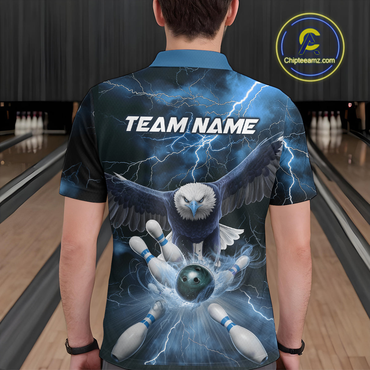 Custom Blue Thunder Lightning Eagle Bowling Polo Shirts For Men, Eagle Bowling Jerseys IPHW9367