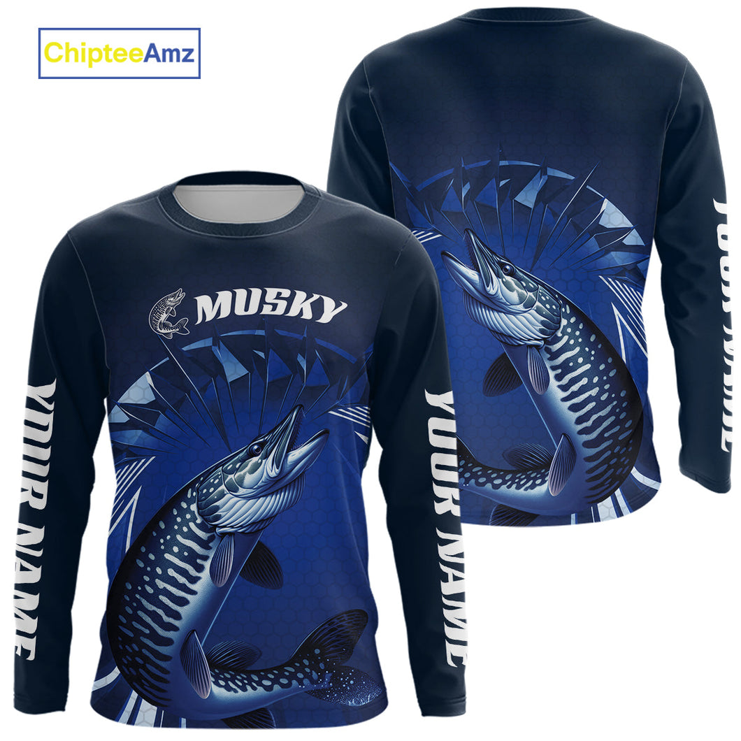 Custom Musky Fishing Blue Long Sleeve Tournament Fishing Shirts, Muskie Fishing Jerseys IPHW9179