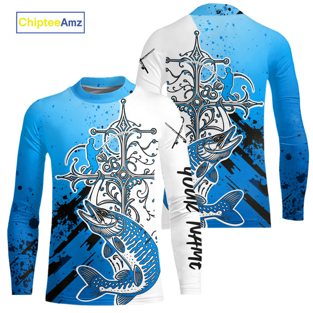 Custom Blue Camo Faith Musky Kid Long Sleeve Tournament Fishing Shirts, Muskie Shirt IPHW9184