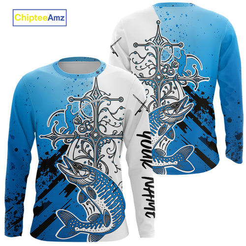 Custom Blue Camo Faith Musky Long Sleeve Tournament Fishing Shirts, Muskie Shirt IPHW9184