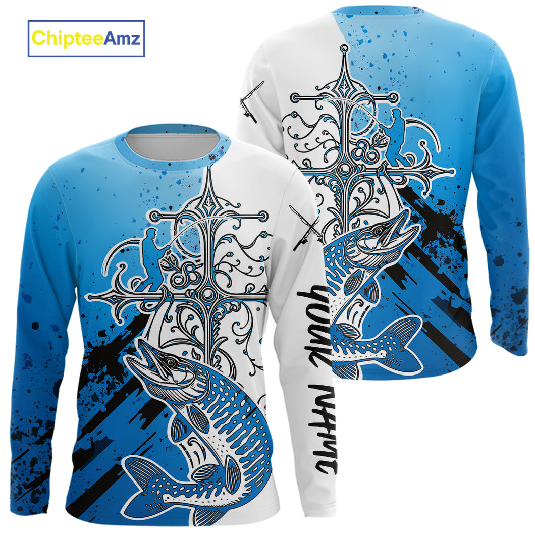 Custom Blue Camo Faith Musky Long Sleeve Tournament Fishing Shirts, Muskie Shirt IPHW9184