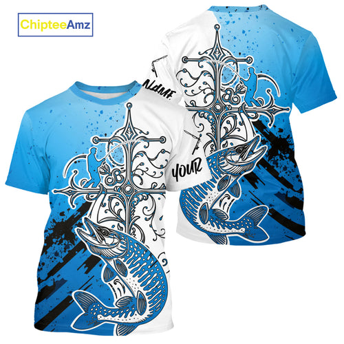 Custom Blue Camo Faith Musky Tournament Fishing T-Shirts, Muskie Shirt IPHW9184