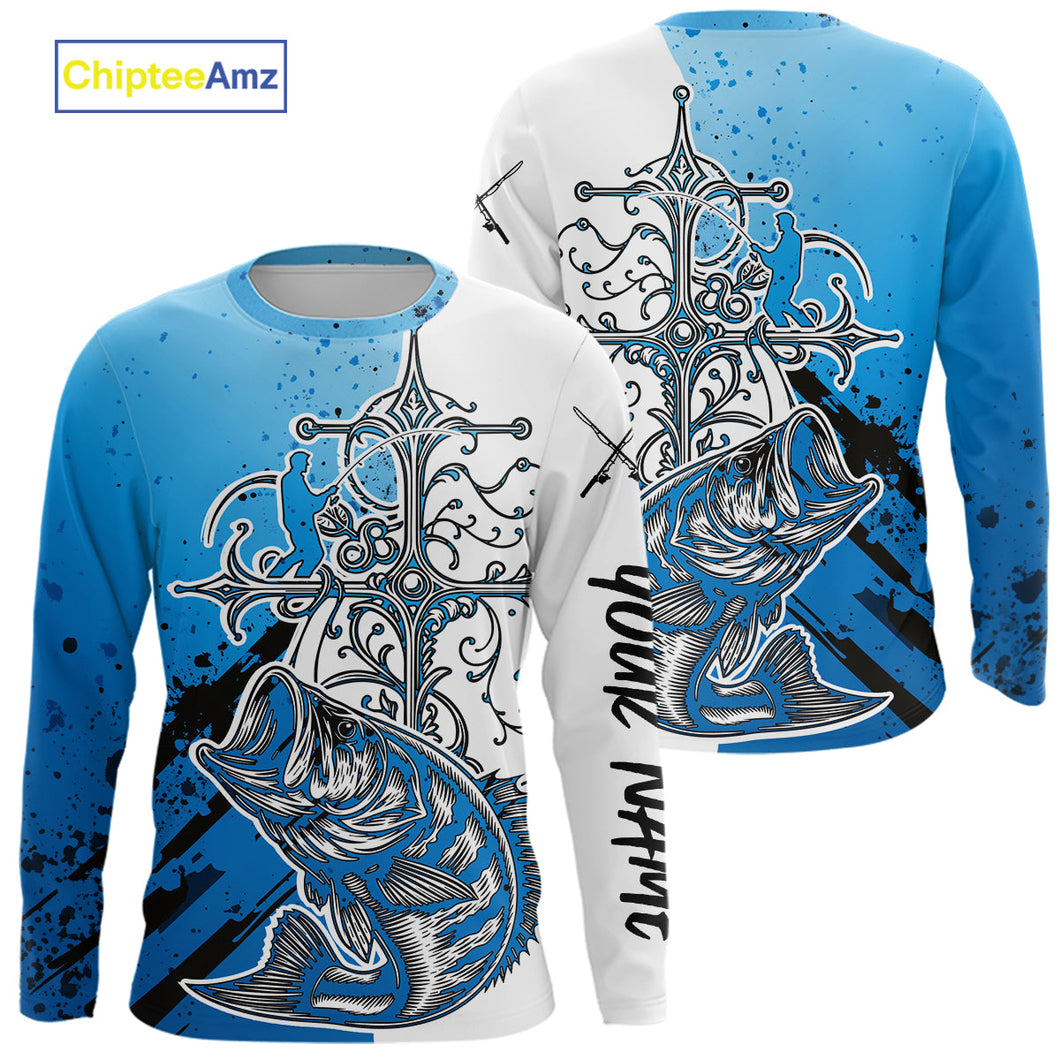 Custom Blue Camo Faith Largemouth Bass Long Sleeve Tournament Fishing Shirts IPHW9185
