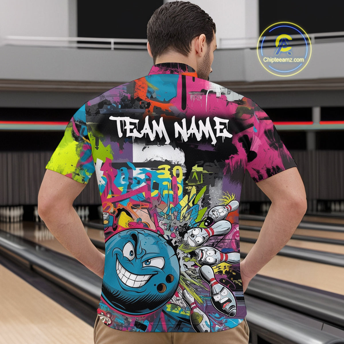 Custom Funny Graffity Colorful Bowling Quarter-Zip Shirts For Men, Bowling Tournament Shirt IPHW9382