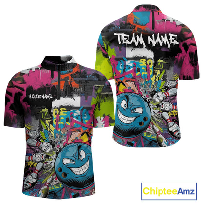 Custom Funny Graffity Colorful Bowling Quarter-Zip Shirts For Men, Bowling Tournament Shirt IPHW9382