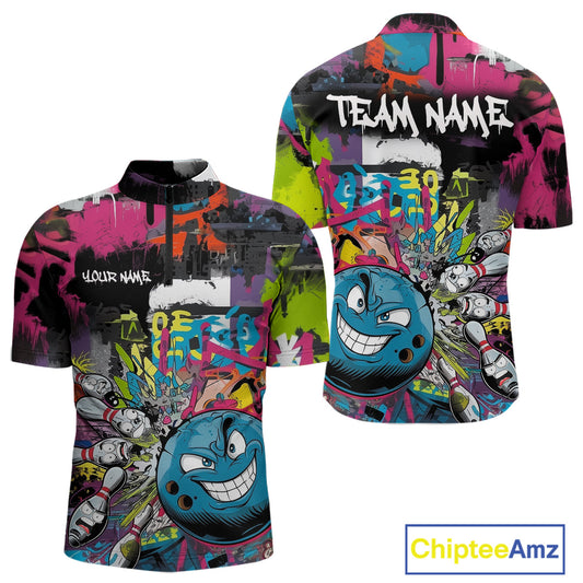 Custom Funny Graffity Colorful Bowling Quarter-Zip Shirts For Men, Bowling Tournament Shirt IPHW9382