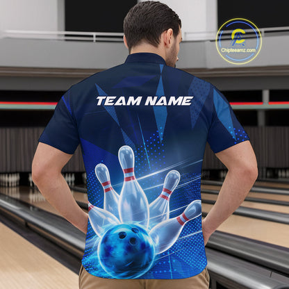 Custom Black And Blue Bowling Jerseys, Men Bowling Quarter-Zip Shirt Team Uniform IPHW9390