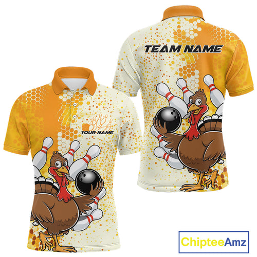 Custom Funny Yellow Thanksgiving Turkey Bowling Team Men Polo Shirts, Bowling Jerseys IPHW9768
