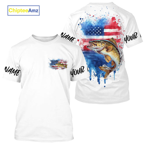Custom Watercolor American Flag Patriotic Walleye Tournament Fishing T-Shirt IPHW9196